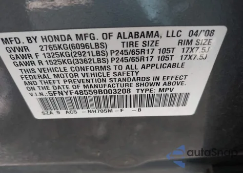 2009 Honda Pilot Ex-L from USA, damaged, VIN 5FNYF48559B003208